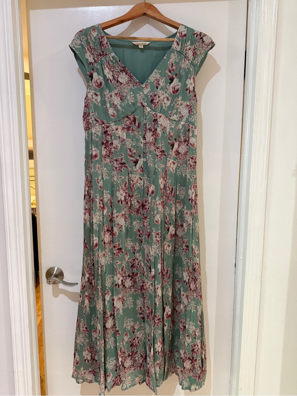 Lucky Brand Sage Green Floral Maxi Dress with Mauve Accents